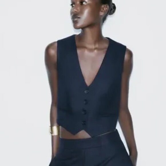 NWT Zara Navy Blue Button Down Waistcoat Vest S - Picture 2 of 16
